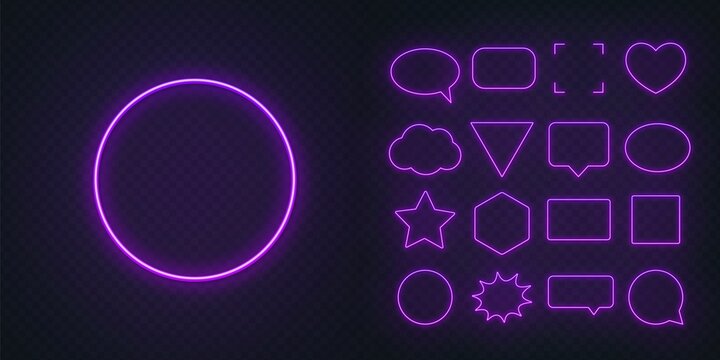 Set Of Purple Neon Frames With Soft Glow On A Transparent Background. Speech Bubble, Square, Circle, Star, Triangle, Heart, Hexagon And Other Glowing Neon Shapes On A Dark Background.