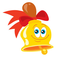 Cute and funny golden school bell character with red ribbon and smiling human face, cartoon vector illustration isolated on white background. Smiling golden bell with red ribbon character, mascot