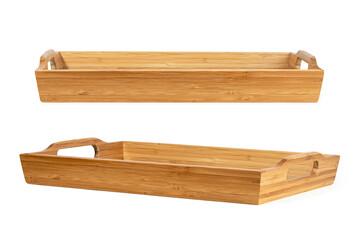 two empty wooden kitchen tray for bread and fruit Isolated on a white background