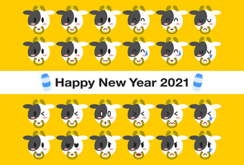 2021年丑年の年賀状イラスト:  色々な表情の乳牛の顔模様