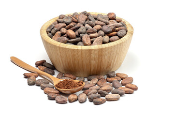 Raw cocoa beans in wooden bowl and spoon with cocoa powder. Chocolate ingredients isolated on white background.