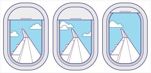 Airplane window vector set with cloudy sky and plane wing view © Seyma