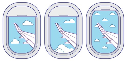 Airplane window vector set with cloudy sky and plane wing view © Seyma