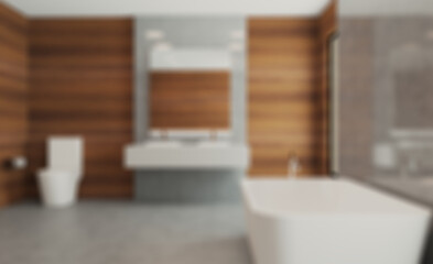 Unfocused, Blur phototography. Bathroom, wood, paneling, walls, modern, sink, marble, floor,. 3D rendering.