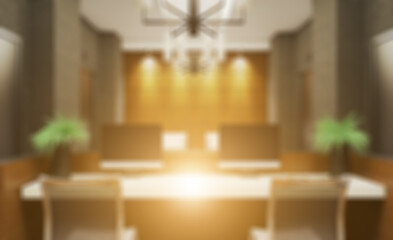 Unfocused, Blur phototography. Reception is a small business center. closed space. stainless steel elevator doors. concrete and wood panel walls. 3D rendering. Sunset