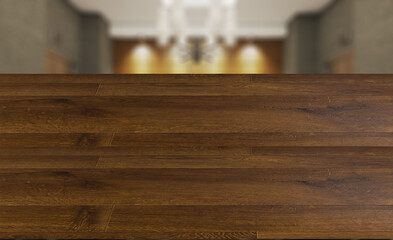 blurred interior on a wooden table background.View of the reception. Large secretary desk with monitors. White leather sofa for visitors. Lift hall.. 3D rendering