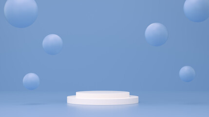 particles floating with cylinder podium in studio. background pastel blue color. minimal geometric studio shape abstract. 3d rendering.
