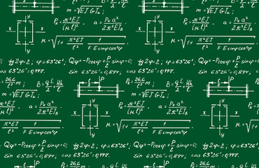 Vintage physics seamless pattern with the equations, figures, schemes, plots and other calculations on blackboard. Handwritten vector Illustration.