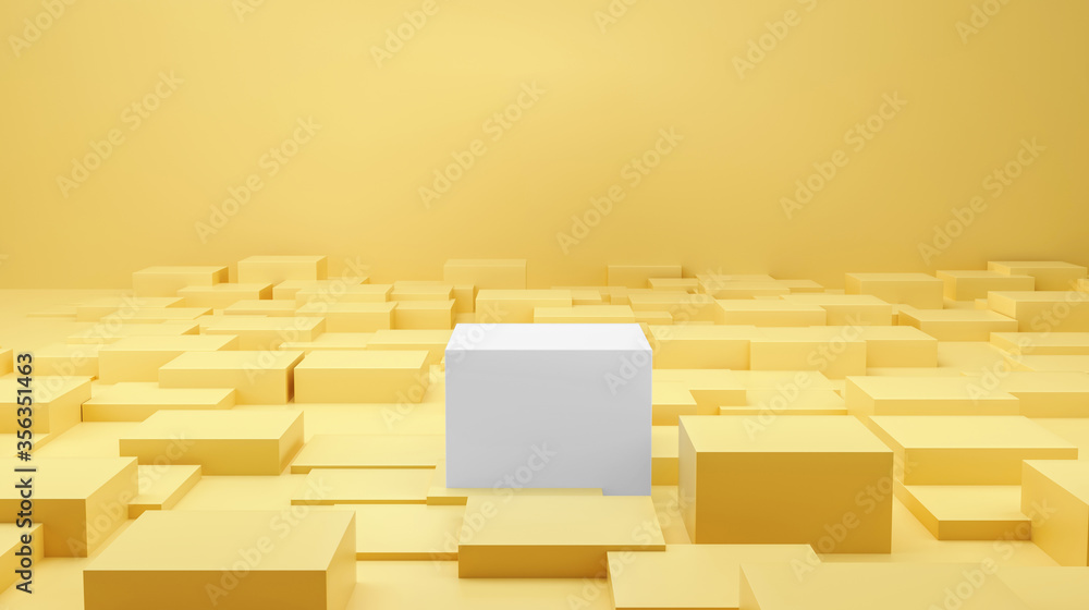 Aufkleber cube podium surrounded by more cubes minimal geometric studio. pastel yellow color background. highl