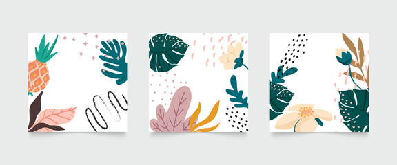 Social media stories and post creative vector set. Abstract shapes background template with floral and copy space for text and images. Vector illustration.