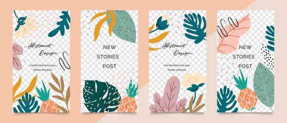 Social media stories and post creative vector set. Abstract shapes background template with floral and copy space for text and images. Vector illustration.