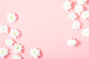 Beautiful flowers composition. White flowers on pastel pink background. Flat lay, top view, copy space