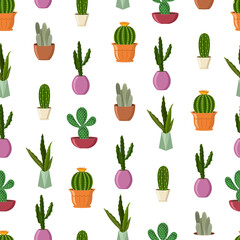 Сactuses in pots vector cartoon seamless pattern on a white background for wallpaper, wrapping, packing, and backdrop.