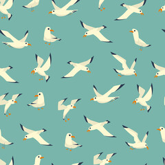 Fototapeta premium Seagulls vector cartoon seamless pattern on a blue background for wallpaper, wrapping, packing, and backdrop.