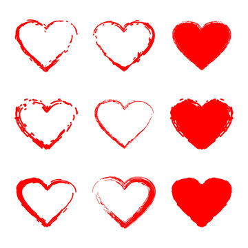 Red scribble hearts vector set isolated on a white background.