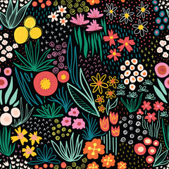 Bloem veld felle kleuren op zwarte naadloze vector patroon. Herhalende vrijheid doodle bloem weide achtergrond. Herhalende lijntekeningen in Scandinavische stijl. Voor stof, behang, zomerdecor