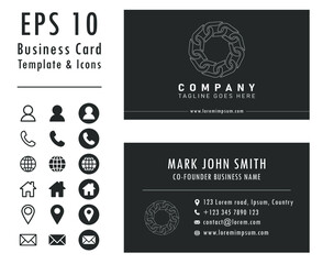 Business card design template and icon set. Company contact graphic logo symbol sign pack. Vector illustration image. Isolated on background. Name, phone, address, website, mail and location icons.