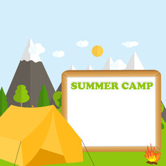 Flat cartoon style illustration nature landscape and trees. Summer Camp Concept. Vector Illustration