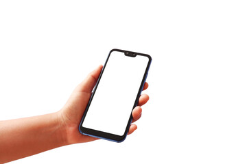 The hand is holding a smartphone with a separate white screen on a white background with the...