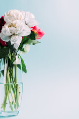 bouquet of pink and white peonies in glass vase on blue background
