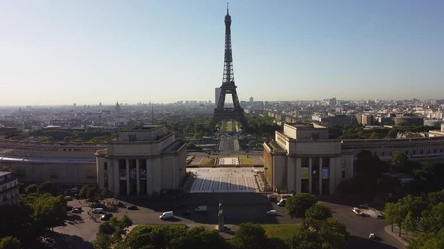 Drone aerial of the Eiffel Tower and Trocadero Gardens Paris scenic European cityscape