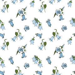blue bell flowers on white background, seamless vector illustration