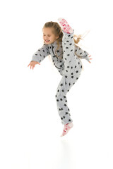 The little girl is jumping fun.The concept of a good mood, summer vacation.