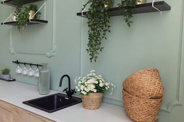 Scandinavian kitchen decor. Green kitchen concept.