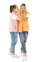 Two cheerful little girls share secrets in each other s ear.