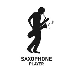 Standing man holding and playing golden saxophone silhouette. Jazz music instrument logo concept. Solo saxophonist. Male street musician. Live performance - Vector icon sign or symbol illustration.