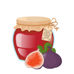 Glass jar with figs jam. Bright vector illustration of fig jam. 