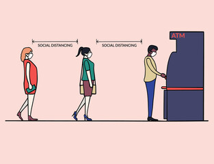 Social distancing. People wear face mask queuing to use ATM with social distance to protect and prevent from covid-19 coronavirus vector illustration.