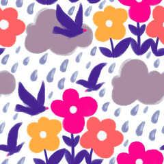 Seamless pattern digital painted rain clouds, birds and flowers on a white background