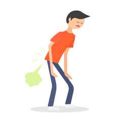 Standing young man relieved of farting. Stinky and smelly fart. Diarrhea medical symptom. Bad smell. Flatulence gas icon. Digestive problem. Health flat vector character illustration.