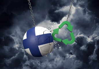 Obraz premium Green recycle symbol crashing into a Finland flag ball. 3D Rendering