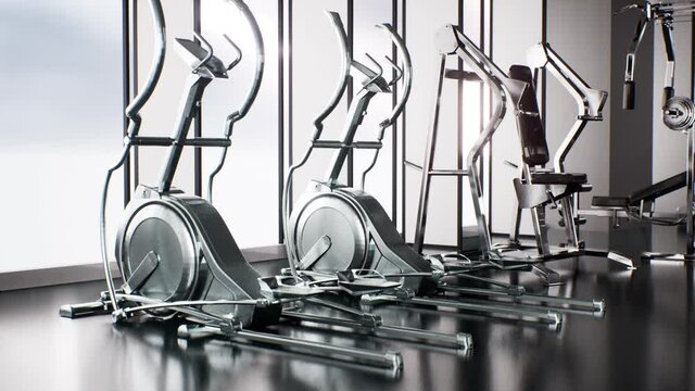 gym interior design with exercise equipment, healthy lifestyle concept, video 3d render animation