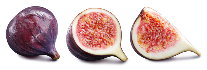 Collection of whole and cut fig fruits