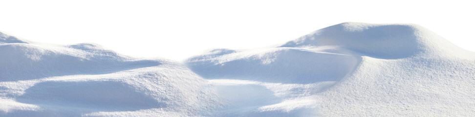 Heap of snow on white background, closeup. Banner design