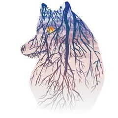 double exposure of wolf and nature