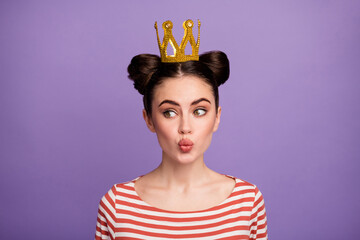 Closeup photo of pretty lady prom queen famous person sending air kisses king and citizens wear golden tiara white red casual striped shirt isolated pastel purple color background
