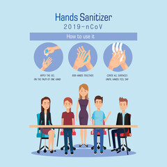 Businesspeople on desk and hands sanitizer design, Disinfects clean antibacterial and hygiene theme Vector illustration