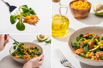 collage of woman eating fresh green salad with corn, shrimps and avocado on white background