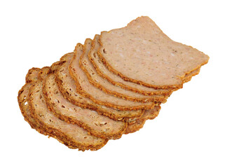 Thin slices of haslet meat isolated on a white background, haslet is an English pork and herb meatloaf also sometimes called acelet