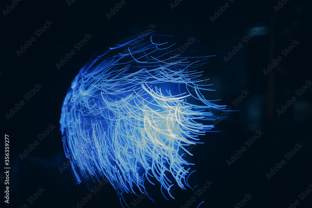 Wall mural blue abstract particles and lines with bokeh and blur in dark background