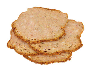 Thin slices of haslet meat isolated on a white background, haslet is an English pork and herb meatloaf also sometimes called acelet