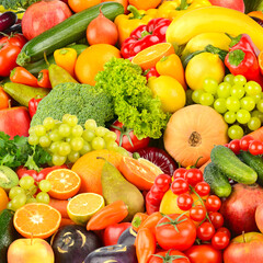Square background made of vegetables and fruits. Food concept.