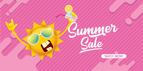 summer sale horizontal web banner or vector label with summer happy sun character wearing sunglasses and holding cocktail isolated on pink horizontal background