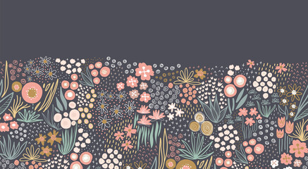 Materiał do szycia Flower meadow seamless vector border. A lot of florals in pink, gold, white, teal on dark background repeating horizontal pattern. Doodle line art for fabric trim, footer, header, fall autumn decor