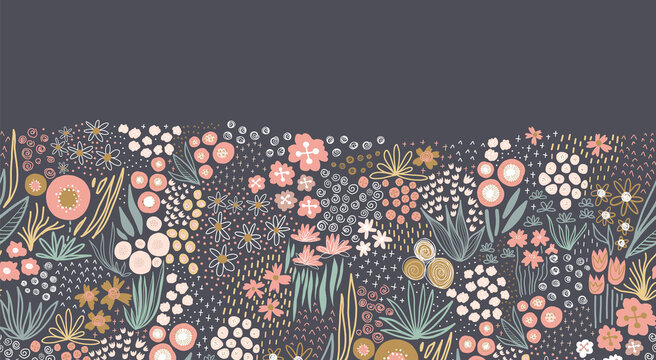 Flower meadow seamless vector border. A lot of florals in pink, gold, white, teal on dark background repeating horizontal pattern. Doodle line art for fabric trim, footer, header, fall autumn decor