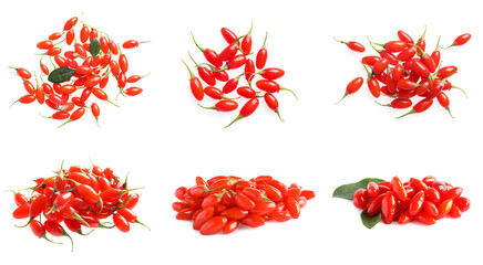 Set of fresh goji berries on white background. Banner design